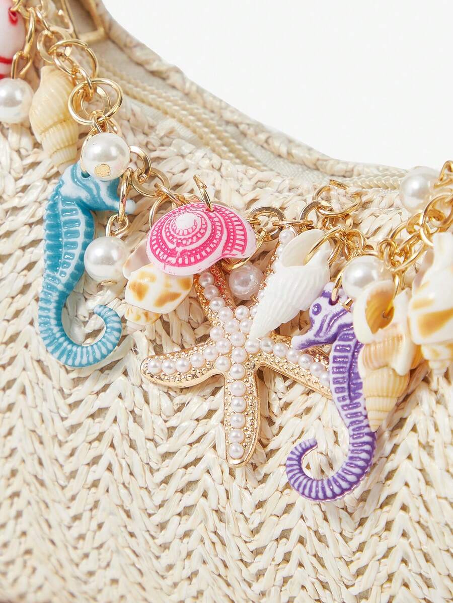 ROMWE Fairycore Summer Beach Starfish Series Woven Shoulder Bag