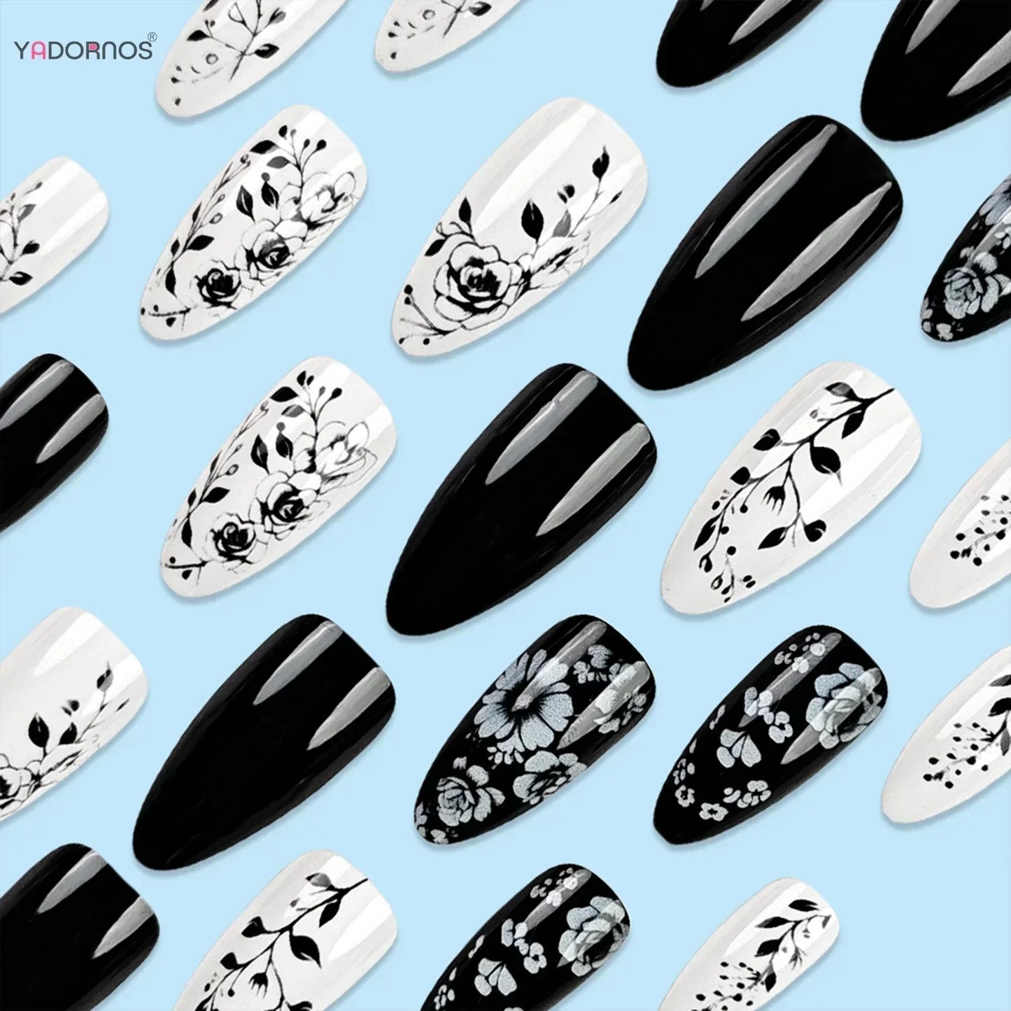 Black White Floral Almond Nails