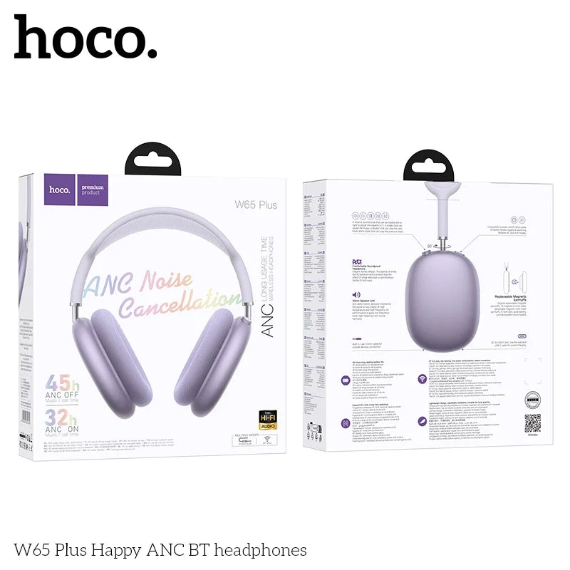 HOCO W65 Plus ANC Noise Reduction Bluetooth Headphones Over The Ear Wireless Big Earphone Hifi Sounds Sport Headsets With Button